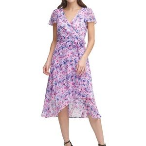 DKNY Floral Print Faux Wrap Midi Dress